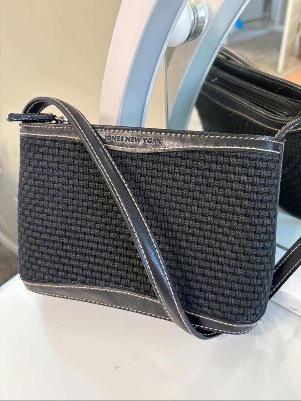 Jones New York Woven Rope and Leather Black Mini Shoulder Bag